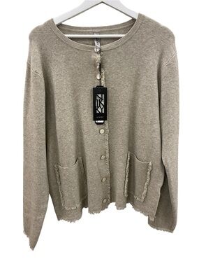 Taupe Fringe-Trim Button-Front Cardigan